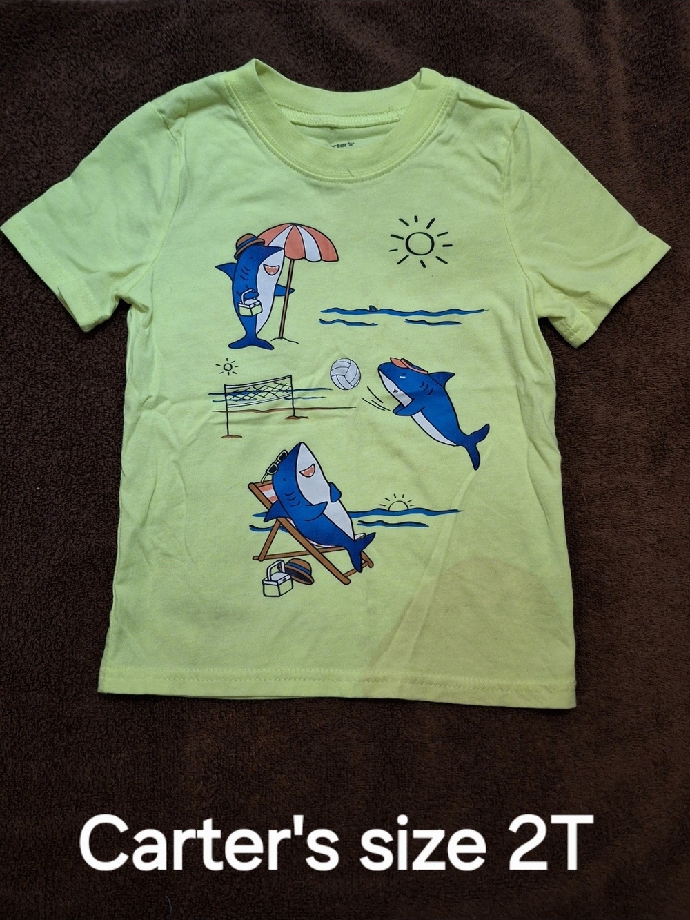 Carter's Lime Green Short Sleeve Tee with Blue Shark Beach Print